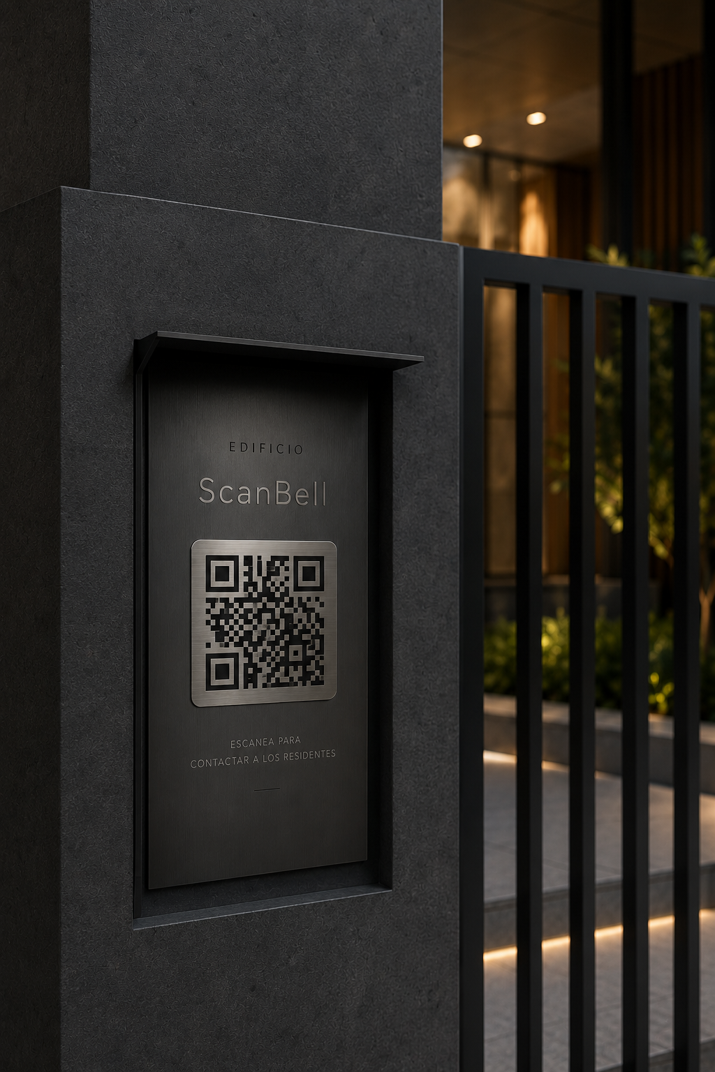 Placa ScanBell instalada en la entrada de un edificio premium