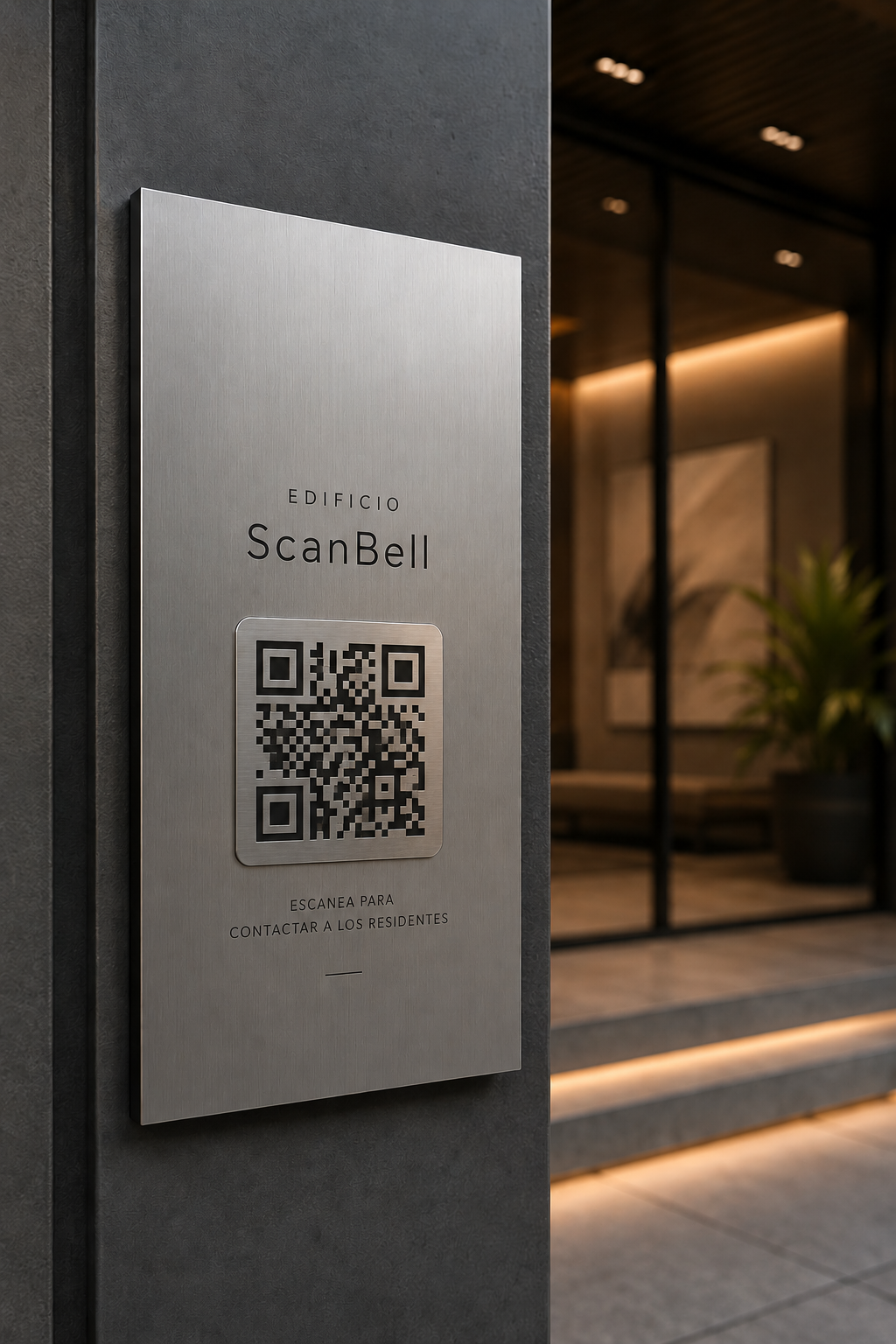 Placa ScanBell de acero cepillado en un lobby moderno